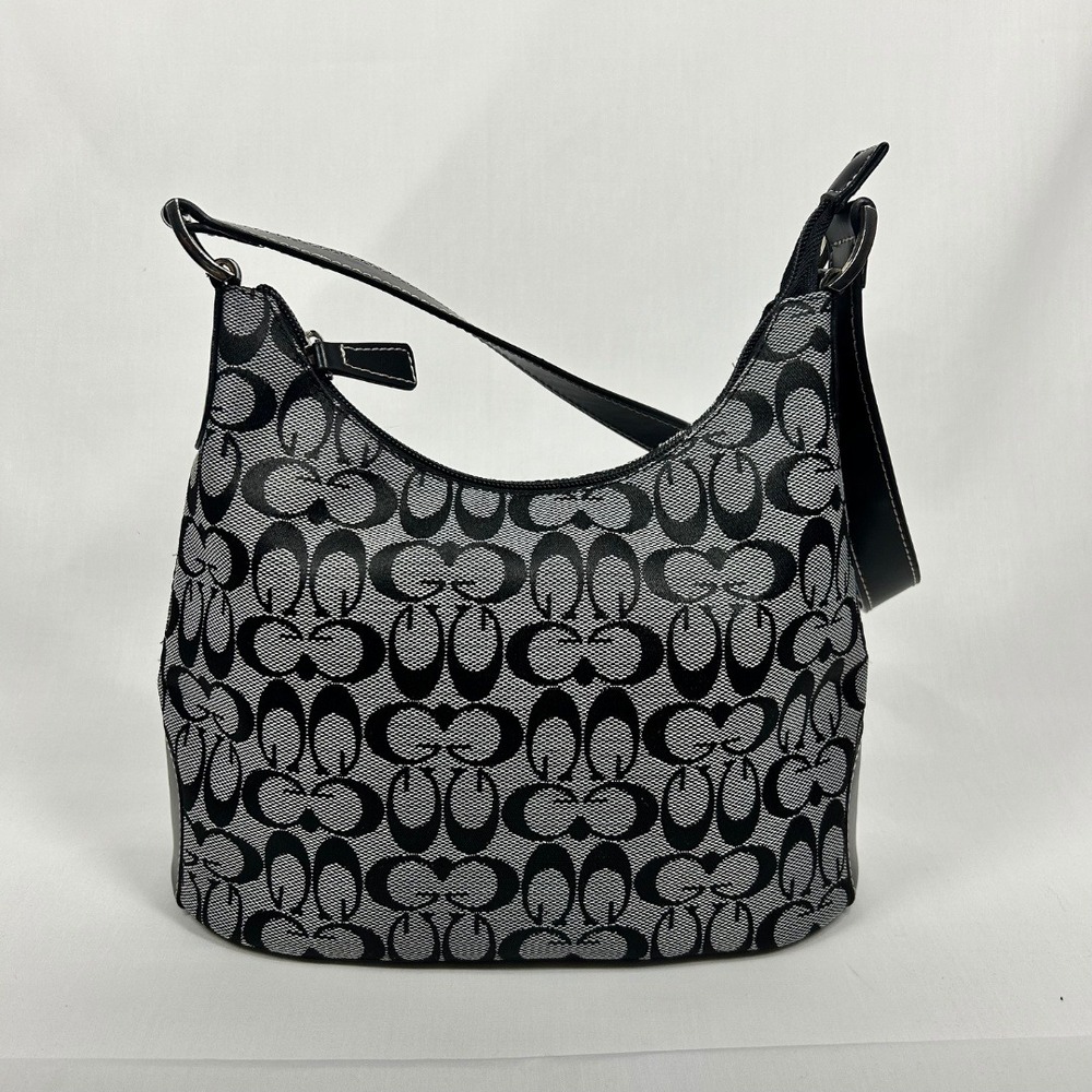 Vintage Y2K Black Monogram Canvas Hobo Shoulder Bag Curved Zip Top Purse